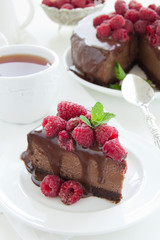 Chocolate cheesecake with raspberries.