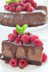 Chocolate cheesecake with raspberries.