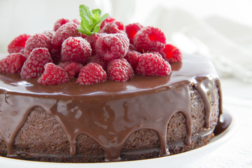 Chocolate cheesecake with raspberries.