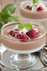Chocolate panna cotta with raspberry and white chocolate.