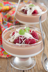 Chocolate panna cotta with raspberry and white chocolate.