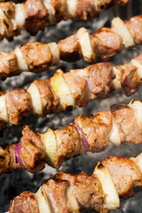 Cooking delicious shish kebab on outdoors grill