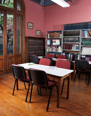 Empty Library With Tables And Chairs