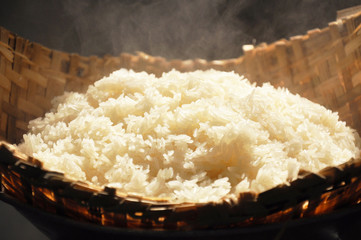 Hot sticky rice in old wooden steamer - Southeast Asian Food