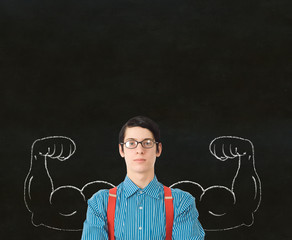 Nerd geek businessman student teacher strong arm muscles success