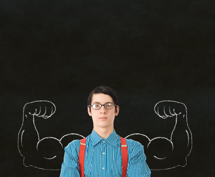Nerd geek businessman student teacher strong arm muscles success