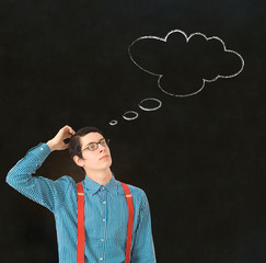 Nerd geek businessman thinking chalk cloud blackboard background