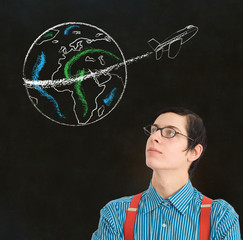 Nerd geek businessman chalk globe jet world travel