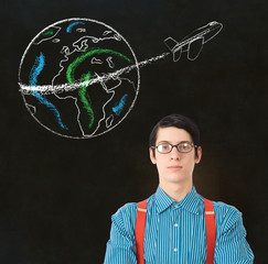 Nerd geek businessman chalk globe jet world travel