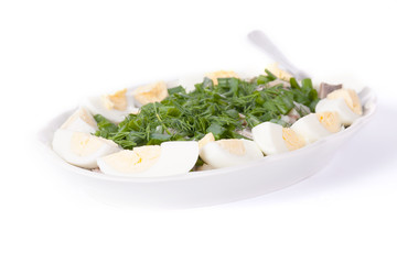 Herring, eggs and onion served on white plate