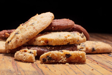 Chocolate cookies on a wooden plank