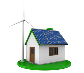 House with Solar Panels and Wind Turbine