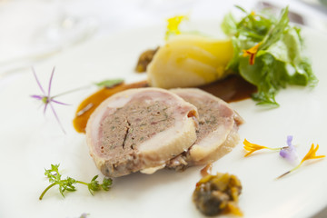 delicious gourmet foie gras with herbal salad and dressing