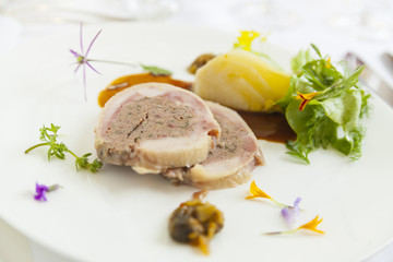 delicious gourmet foie gras with herbal salad and dressing