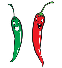 Red and green hot chili character peppers