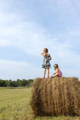 Naklejka na ściany i meble Two girls stand on haystack
