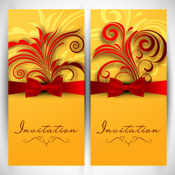 Beautiful floral decorated invitation card with red ribbon.