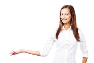 Lovely woman holding something imaginary