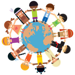 Many children holding their hands around Earth