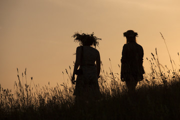 Silhouettes of People picking flowers during midsummer soltice