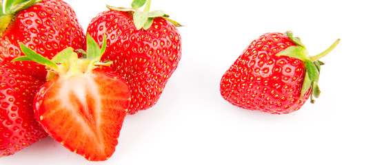 Ripe juicy strawberries on white background, food photo