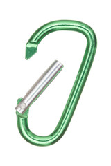 silver and green aluminum carabiner isolated on white background