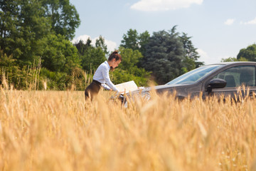Woman lost with car in a corn field and looking at the map