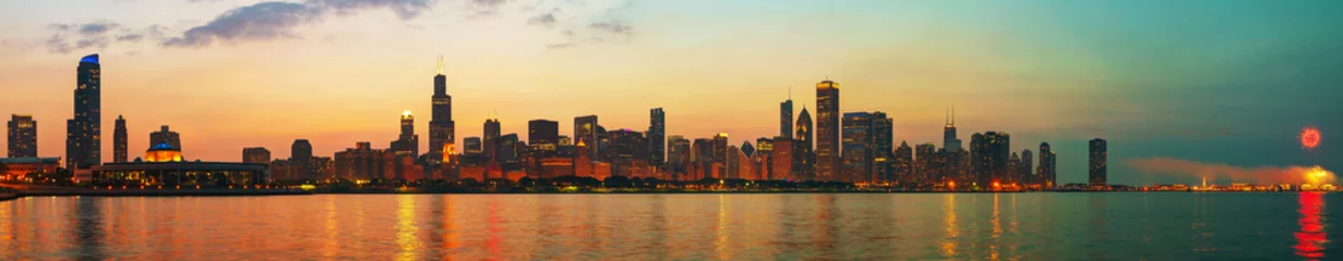 Fotobehang Downtown Chicago, IL bij zonsondergang © andreykr