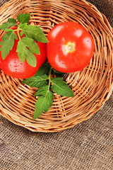 Fresh tomatoes on wicker mat on sackcloth background