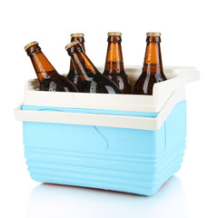 Traveling refrigerator with beer bottles isolated on white