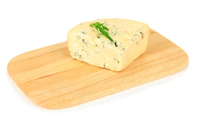 Tasty blue cheese on cutting board, isolated on white