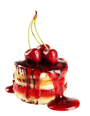 Tasty biscuit cake with jam and berries isolated on white