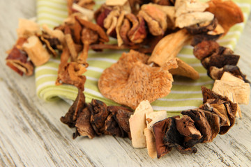 Dried mushrooms on wooden background