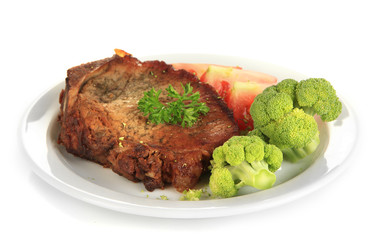 Piece of fried meat on plate isolated on white