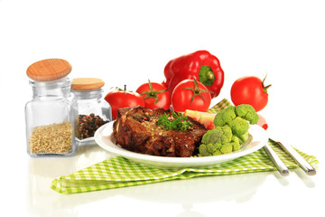 Piece of fried meat on plate isolated on white