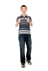 Fototapeta premium Happy casual young man holds his thumbs up