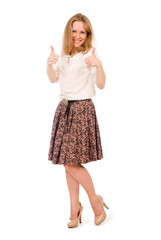 Portrait of smiling young beautiful woman in a light blouse and