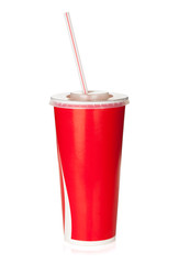 Red disposable cup with drinking straw