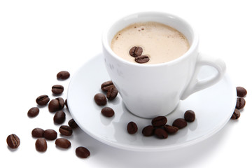 Cup of coffee with coffee beans, isolated on white