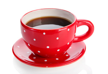 Cup of coffee with coffee beans, isolated on white
