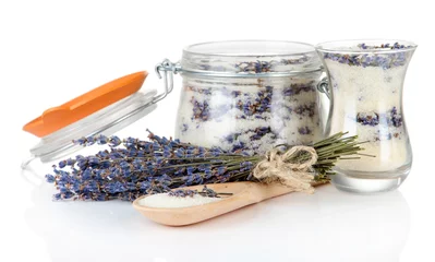 Poster Im Rahmen Jar of lavender sugar and fresh lavender flowers isolated © Africa Studio