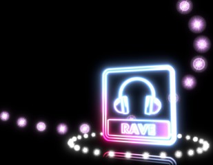 Illustration of a glowing rave sign  on disco lights background