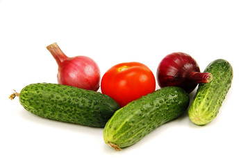 green cucumber, red tomato and young onions.