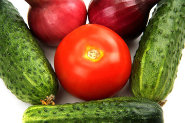 green cucumber, red tomato and young onions.