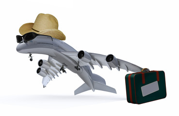 plane with hat, sunglasses and bag that is leaving