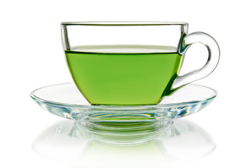 Obraz na płótnie Canvas Green tea in a glass bowl on a white background.