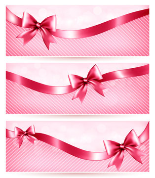 Three Pink Holiday Banners With Gift Glossy Bow And Ribbon. Vect