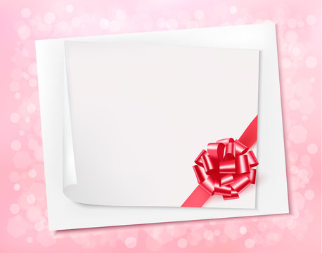 Holiday background with sheet of paper and pink bow. Vector illu