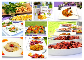 Collage Menu - rich banquet with several courses of appetizers