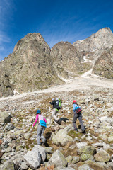 Hikier is climbing mountain in Caucasus mountains in Bezengi reg